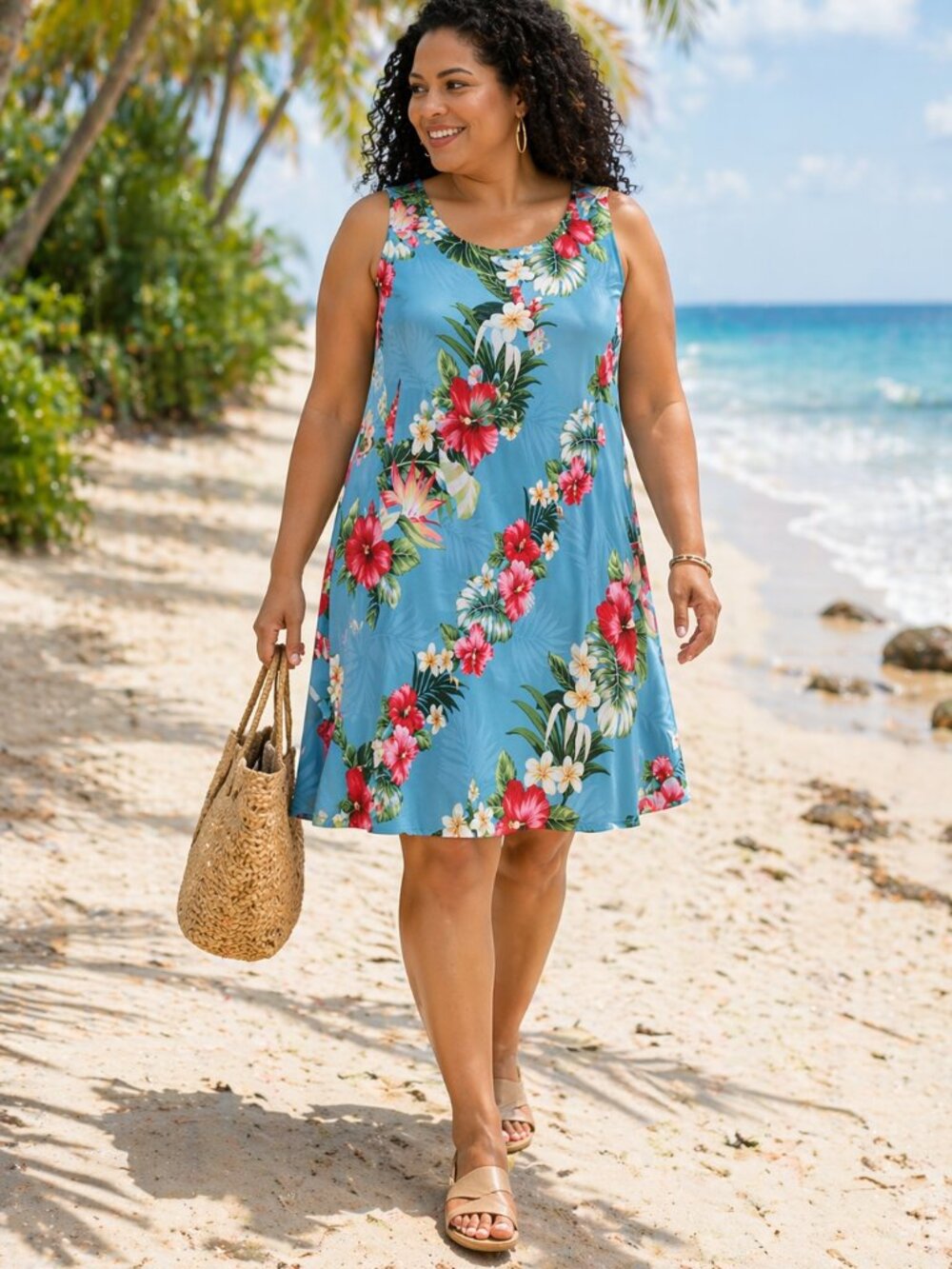 Paradise Bay Hawaiian Dress Tropical Floral Blue Rayon Sleeveless
